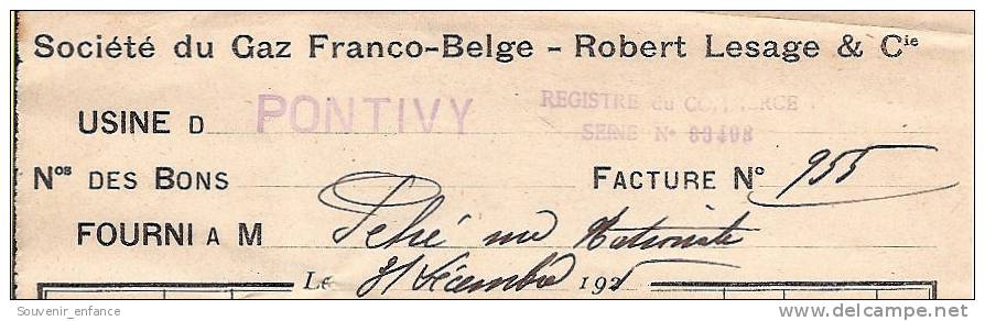 Facture Société Du Gaz Franco Belge Robert Lesage Usine De Pontivy  Pontivy 56 Morbihan Timbre Fiscal 25 C - Chemist's (drugstore) & Perfumery