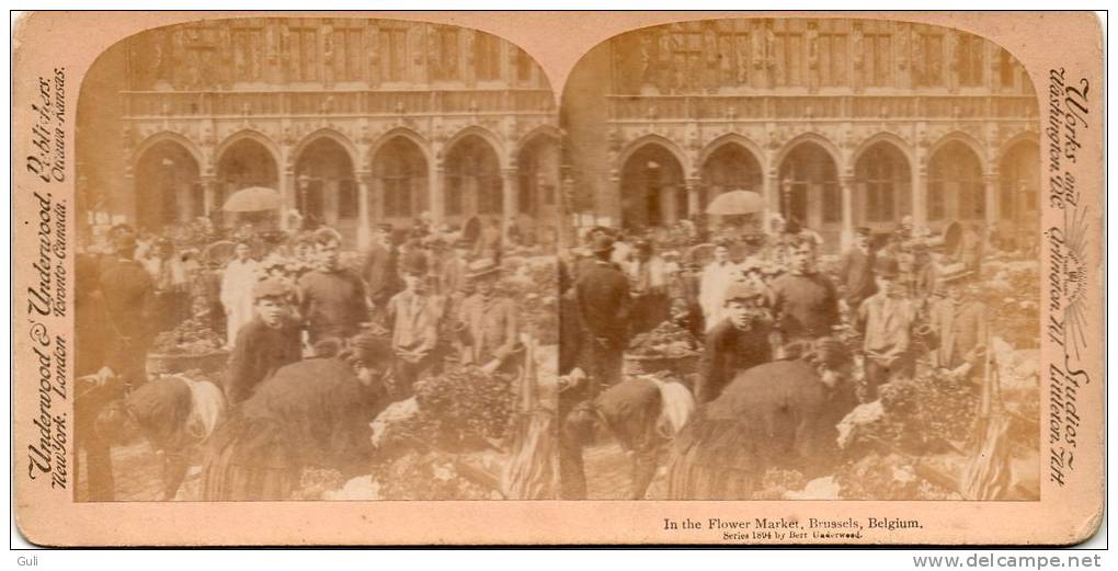 Photos Stéréoscopiques-PHOTO-189 4.In The Flower Market Brussels Belgium Marché De Fleurs Bruxelles Underwood Publishers - Stereoscopic