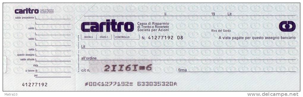 ITALIE ITALY ITALIA 1995-1999 CARITRO LIRES LIRE CASSA RISPARMIO TRENTO ROVERETO CHEQUE CHECK ASSEGNO SCHECK - Andere & Zonder Classificatie