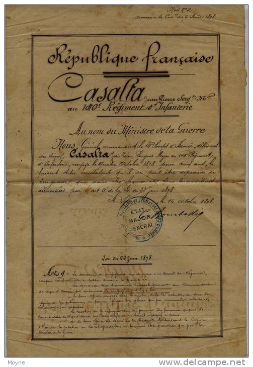 ATTESTATION DISANT QUE LE DETENTEUR NE PEUT ETRE DEPOSSEDE DE SON GRADE .....22 JUIN 1878 - Andere & Zonder Classificatie