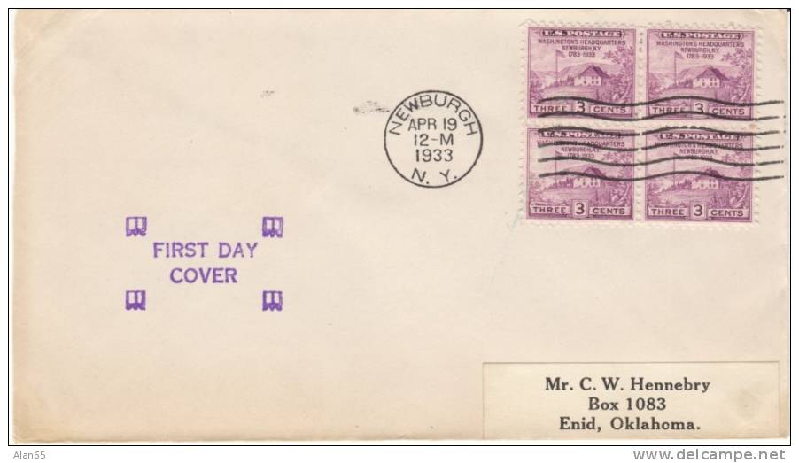 #727 3-cent Peace Proclamation  Block Of 4, Newburgh NY 19 April 1933 FDC First Day Cancel Postmark On Cover - 1851-1940