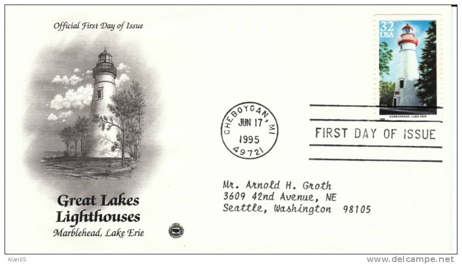 #2972 32-cent Great Lakes Lighthouse, Marblehead Lake Erie, Cheboygan MI 17 June 1995,First Day Cancel Postmark On Cover - 1991-2000