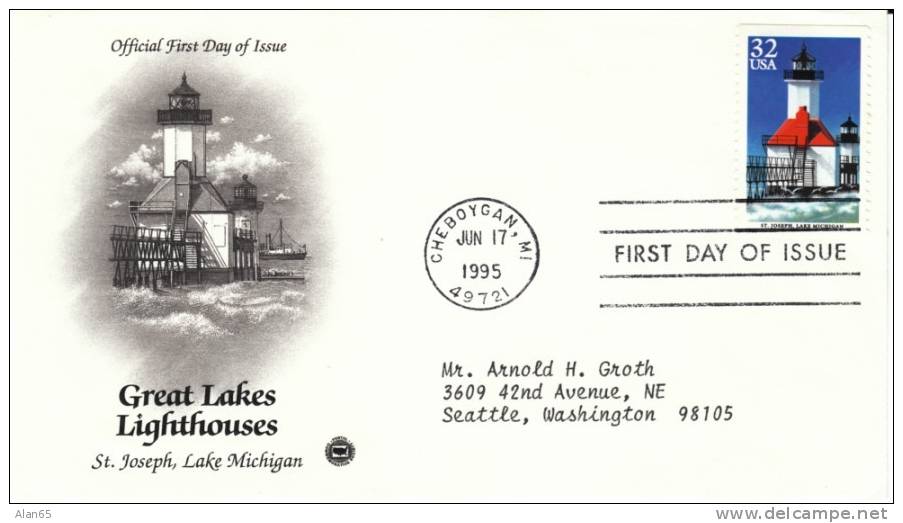 #2970 32-cent Great Lakes Lighthouse, St Joseph Lake Michigan, Cheboygan MI 17 June 1995,First Day Cancel Postmark - 1991-2000
