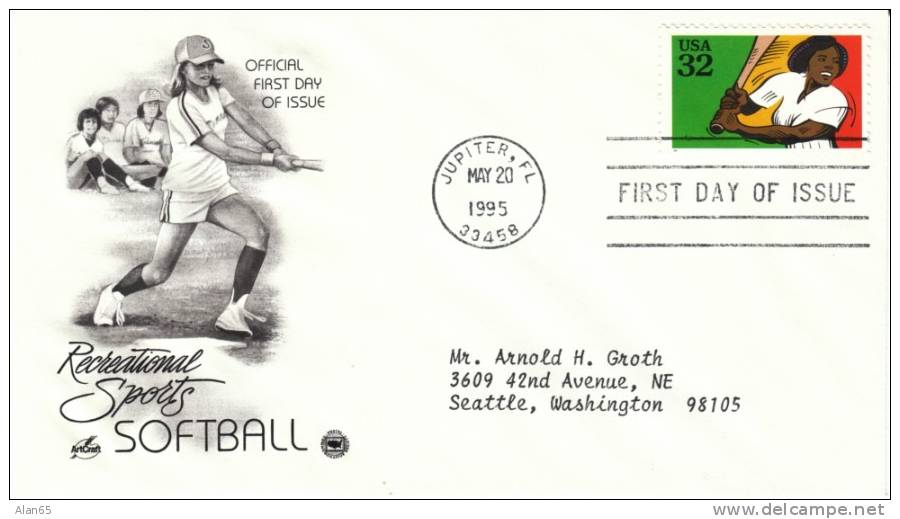 #2962 32-cent Softball Recreational Sports Issue, Jupiter FL 20 May 1995 ,First Day Cancel Postmark - 1991-2000