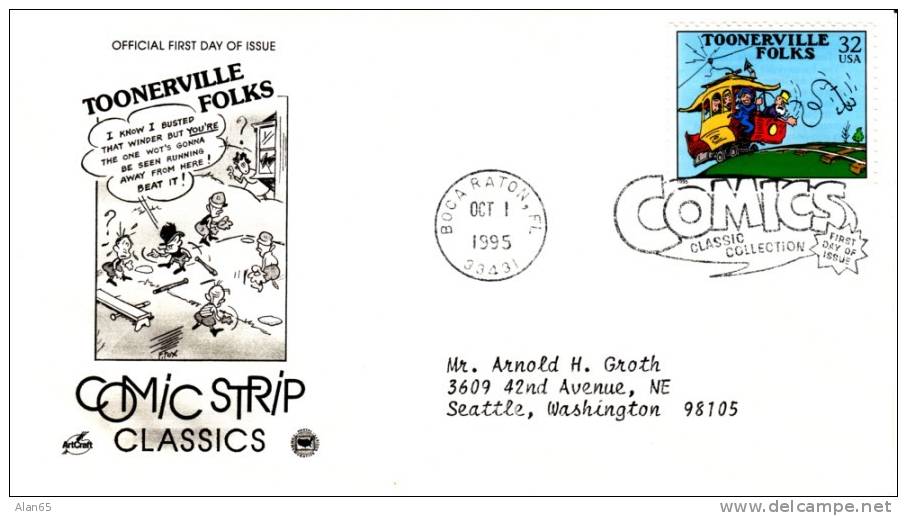 #3000g 32-cent Comic Strips, Toonerville Street Car Trolley 1 October 1995 ,First Day Cancel Postmark - 1991-2000