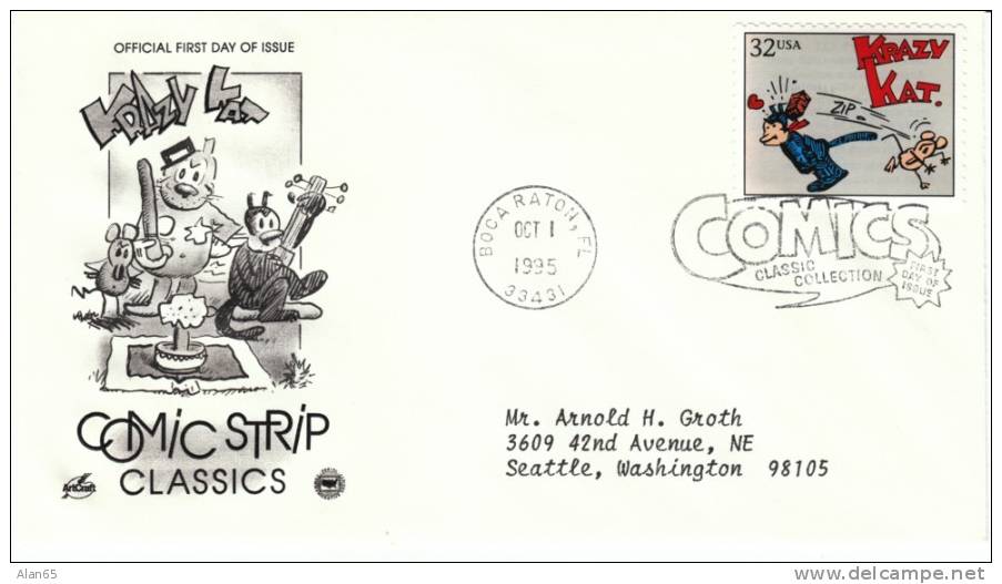 #3000e 32-cent Comic Strips, Krazy Kat 1 October 1995 ,First Day Cancel Postmark - 1991-2000