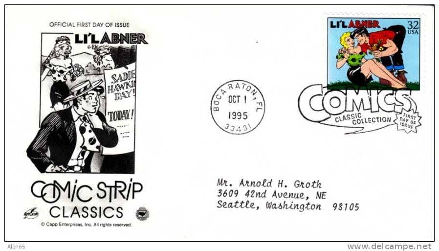 #3000q 32-cent Comic Strips, L'il Abner, Boca Raton FL 1 October 1995 ,First Day Cancel Postmark - 1991-2000