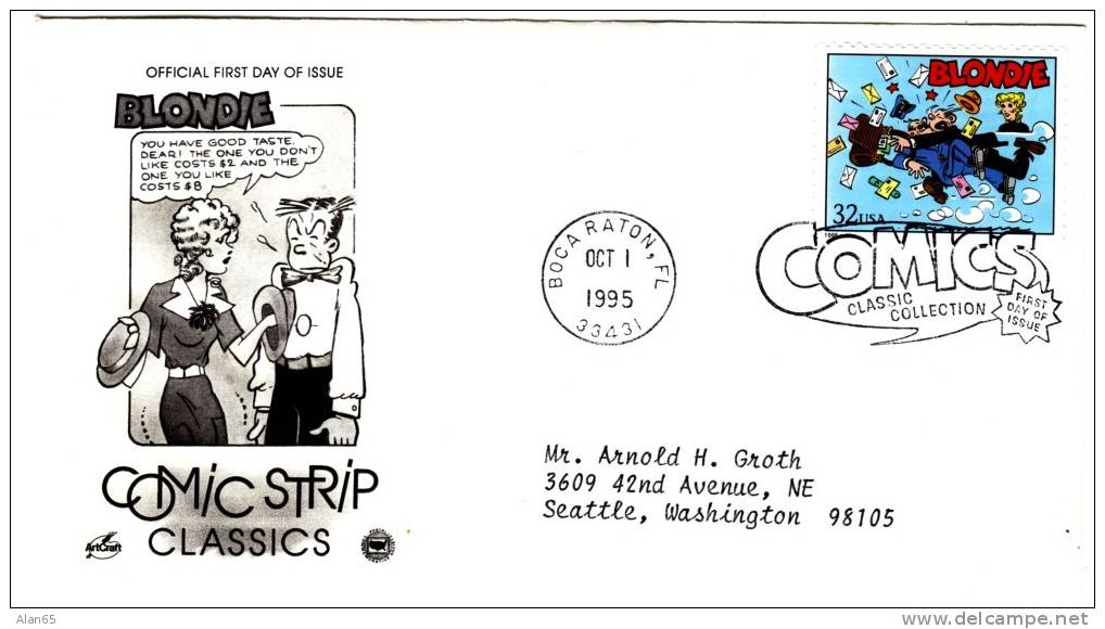 #3000l 32-cent Comic Strips, Blondie Dagwood, Boca Raton FL 1 October 1995 ,First Day Cancel Postmark - 1991-2000