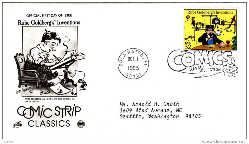 #3000f 32-cent Comic Strips, Rube Goldberg's Inventions, Boca Raton FL 1 October 1995 ,First Day Cancel Postmark - 1991-2000