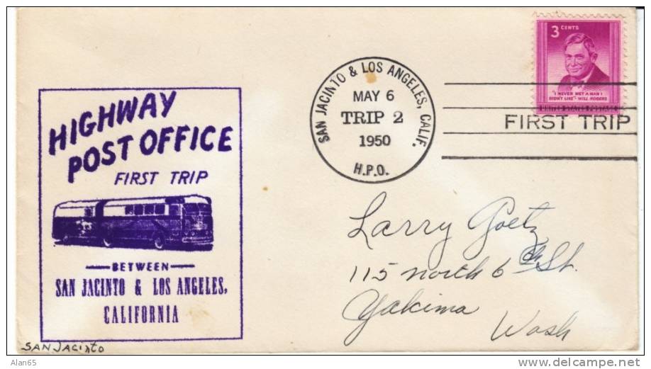 California Highway Post Office HPO,1st Trip, San Jacinto-Los Angles 1950, Trip 2, Cancel Postmark On Cover - Poststempel