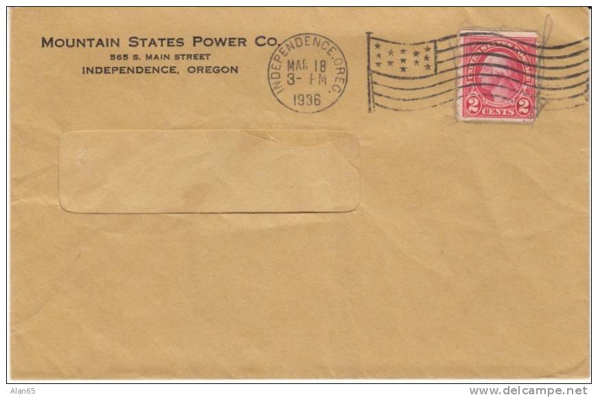 Independence Oregon Flag Cancel 18 March 1936 Postmark On Cover, Mountain States Power Company Envelope - Used Stamps