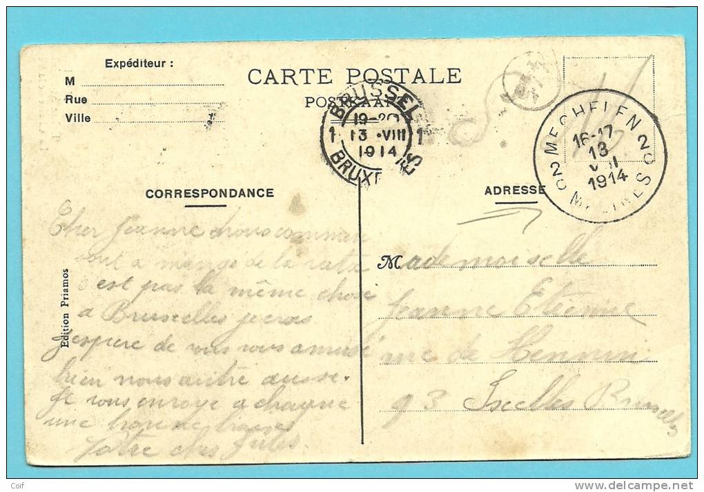 Kaart Met Stempel MECHELEN / MALINES Op 13/08/1914 Naar BRUXELLES Op 13/08/1914 (Offensief W.O.I) - Not Occupied Zone