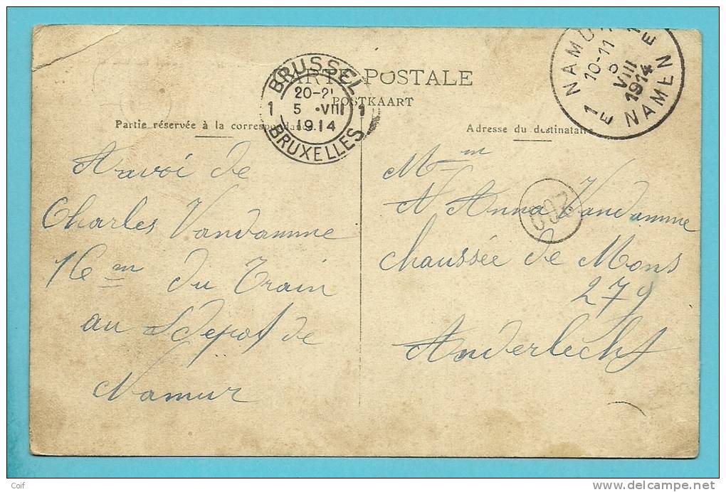 Kaart  Met Stempel NAMUR / NAMEN 5/08/1914 Naar BRUXELLES (Offensief W.O.I), Geschreven " 16° Du Train Au Depot De NANUR - Zona Non Occupata