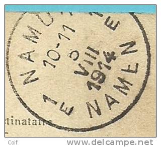 Kaart  Met Stempel NAMUR / NAMEN 5/08/1914 Naar BRUXELLES (Offensief W.O.I), Geschreven " 16° Du Train Au Depot De NANUR - Unbesetzte Zone