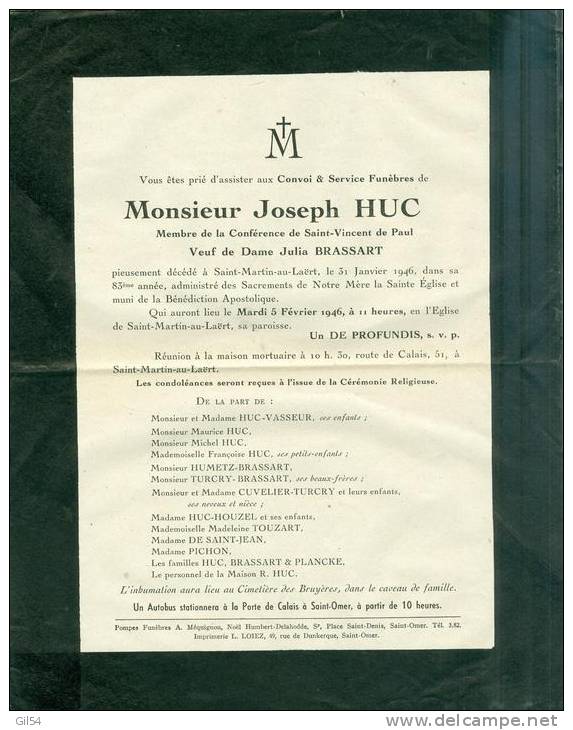 FAIRE PART Du Décés De Mr Joseph Huc Membre De La Conférence De StVincent De Paul , St Martin Au Laërt - LL14302 - Autres & Non Classés