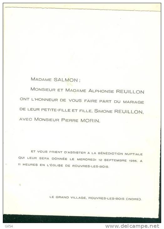 FAIRE PART Du Mariage  De Simone Reuillon Avec Mr Pierre Morin à Rouvres Les Bois En 1956 - LL14303 - Autres & Non Classés