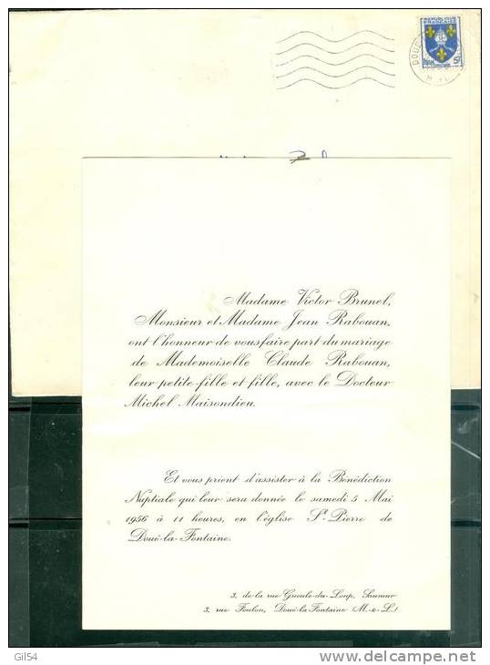 FAIRE PART Du  Mariage De Mll Claude Rabouan Avec Le Dr Michel Maisondieu En 1956 à Doué La Fontaine - LL14305 - Autres & Non Classés