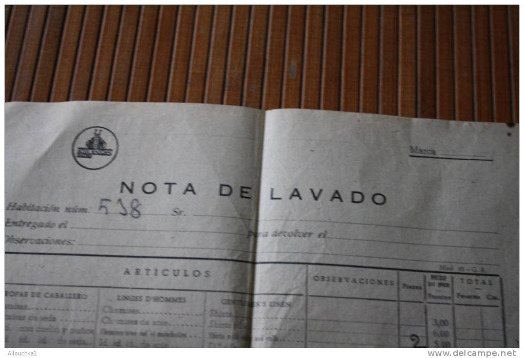 Nota De Lavado Hôtel National Madrid Espa&ntilde;a Espagne-facture De L'hôtel National à Madrid En Espagne Année 50 - Espagne