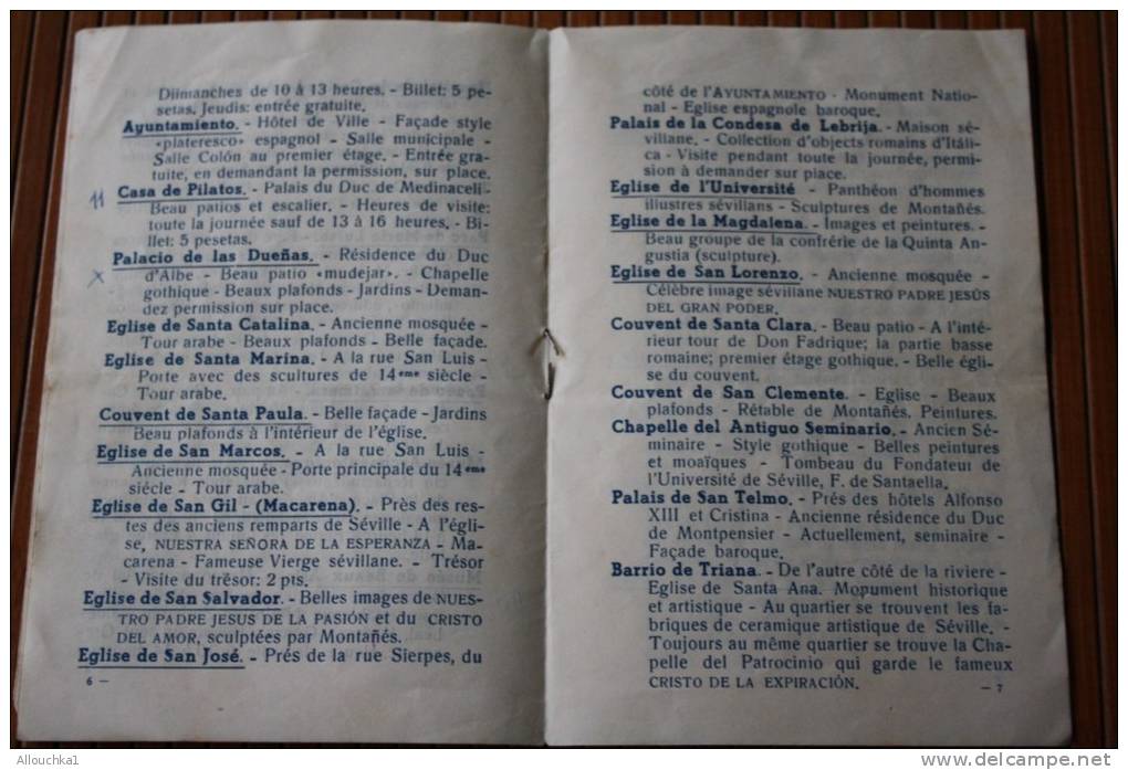 LISTE DES PRINCIPAUX MONUMENTS ET ENDROIT INTERET TOURISTIQUE A SEVILLE ESPAGNE 1950 GUIDE TOURISTIQUE  TYPOGRAPHIE - Europa