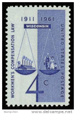 1961 USA Workmen's Compensation Law Stamp Sc#1186 Scales Of Justice Factory Worker Family - Other & Unclassified
