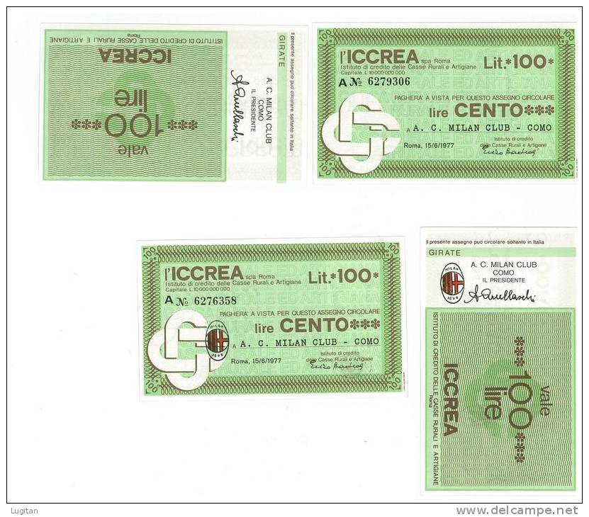 MINIASSEGNI - 100 LIRE - COPPIA RARA BANCA ICCREA  - A.C. MILAN CLUB COMO - PRESIDENTE ARTURO ARCELLASCHI - Non Classés