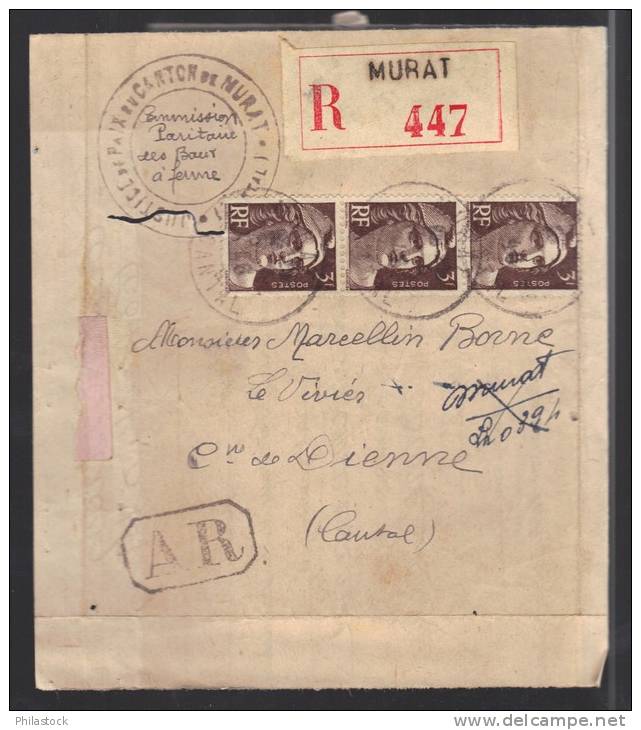 FRANCE 1946 N° 715 Bande De 3  Obl. S/lettre Entiére Recommandée AR - 1945-54 Marianne De Gandon