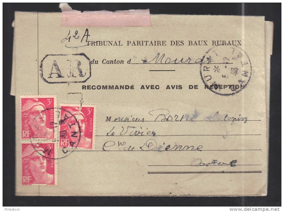 FRANCE 1946 N° 716 X  3  Obl. S/lettre Entiére Recommandée AR - 1945-54 Marianne Of Gandon