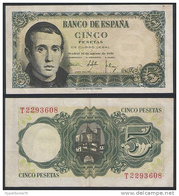 Spain P 140 - 5 Pesetas 16.8.1951 Series T - XF+ - 5 Peseten