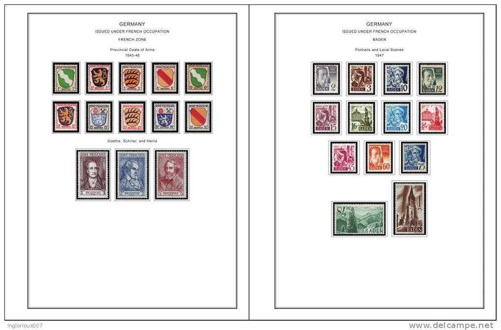 OCCUPIED GERMANY STAMP ALBUM PAGES 1945-1949 (50 Color Illustrated Pages) - Inglés