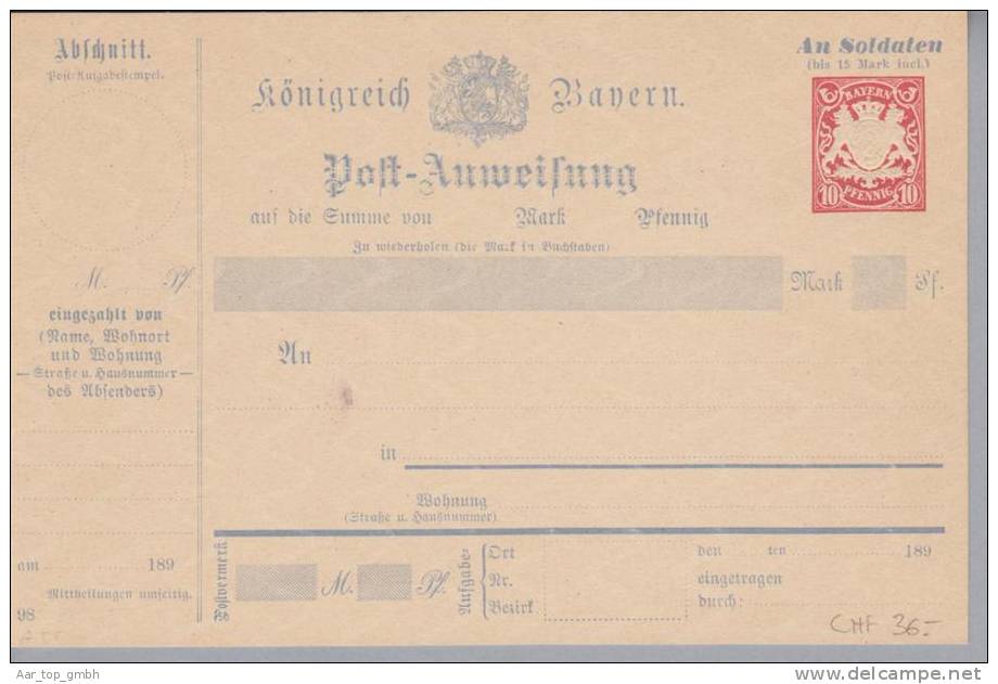 Bayern 1898- Soldaten-Postanweisung 10Pf. Ungebraucht - Postal  Stationery