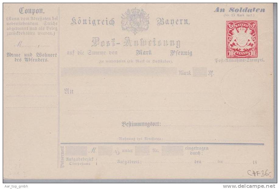 Bayern 18?? Soldaten-Postanweisung 10Pf. Ungebraucht - Postal  Stationery