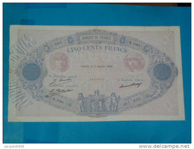 500 Frs Bleu Et Rose Du 3 Février 1928 - K.1061 - N° 435 - TTB  - 10 épinglages Env  - Plis - Pas De Coupure - 500 F 1888-1940 ''Bleu Et Rose''