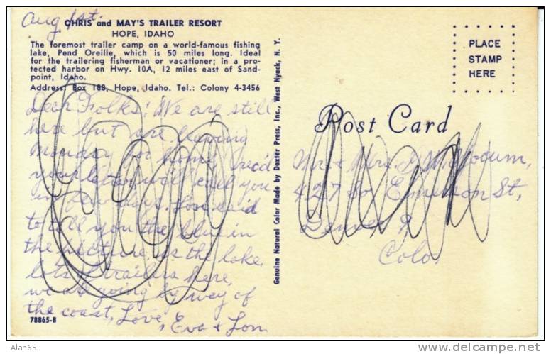 Hope ID Idaho,  Chris And May's Trailer Resort Court Camping, C1950s/60s Vintage Postcard - Andere & Zonder Classificatie