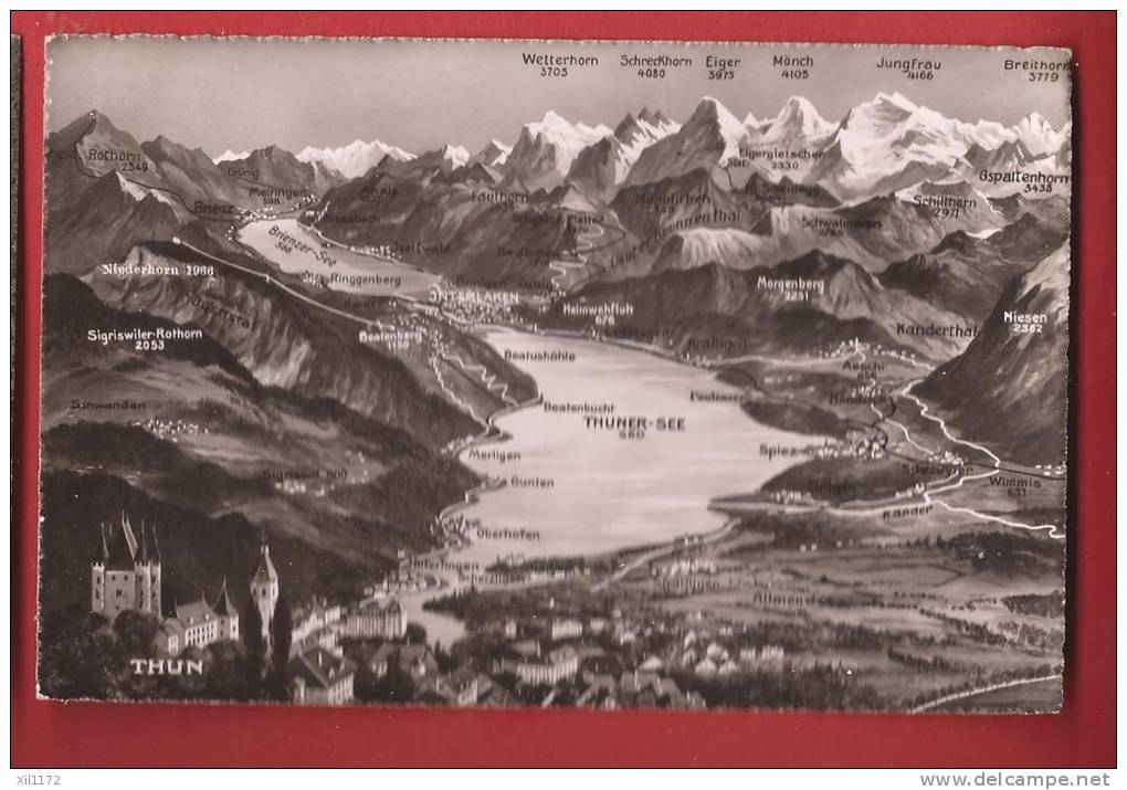 P0279 Panorama Thun -Thunersee,Oberhofen,Merlingen,Gurten,Spiez,Gelaufen In 1951.Photoglob 4787 - Oberhofen Am Thunersee