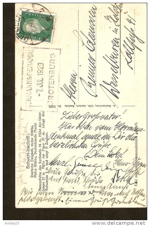 440. Germany, Hermannsdenkmal Im Teutoburger Walde - Schwert-Inschrift - Passed Post In 1929 - Detmold