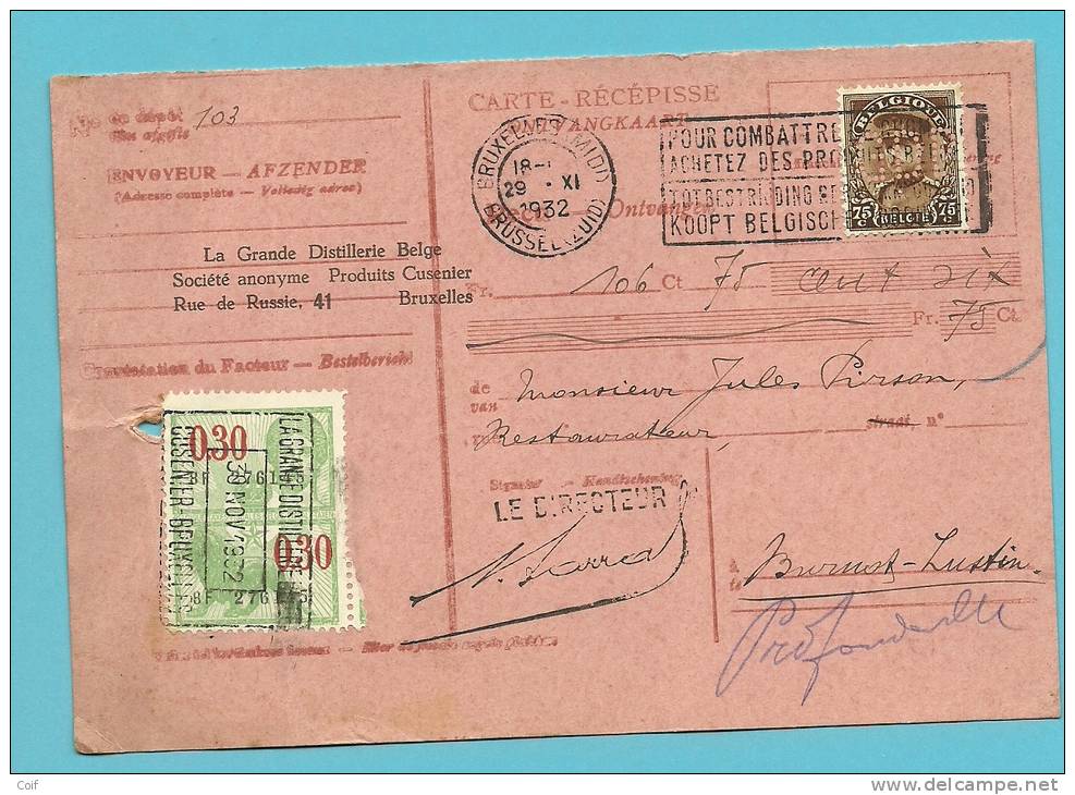 341 Op Ontvangkaart Met Firmaperforatie (G.D.B.) Van "Grande Distillerie Belge" Met Stempel BRUSSEL - 1909-34