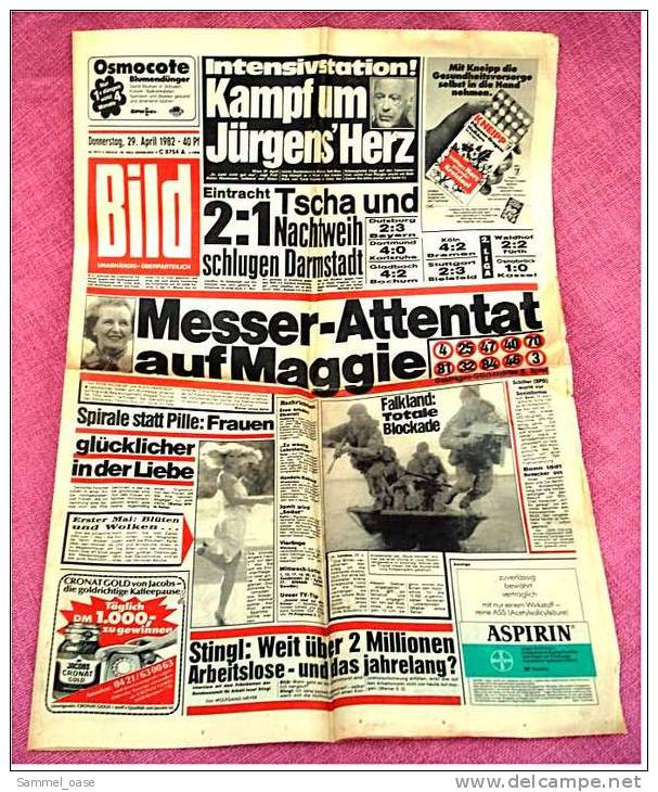 BILD-Zeitung Vom 29. April 1982 : Messer-Attentat Auf Maggie Thatcher , Falkland : Totale Blokade - Sonstige & Ohne Zuordnung