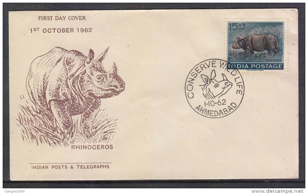 India 1962  Wild Life  Rhineceros  FDC  # 23643 Inde Indien - Rhinocéros