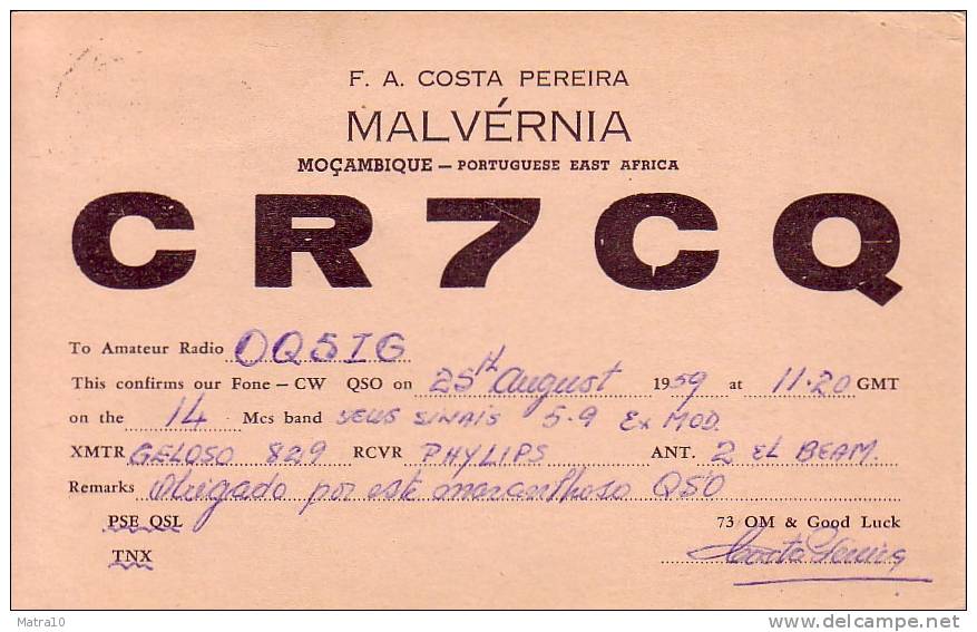 CARTE QSL CARD 1959 RADIOAMATEUR HAM RADIO CR-7 PORTUGAL COLONIE COLONY MOZAMBIQUE MALVERNIA STAMP BELGIAN CONGO BELGE - Mosambik