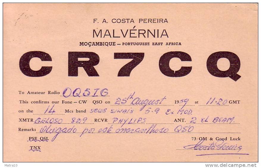 CARTE QSL CARD 1959 RADIOAMATEUR HAM RADIO CR-7 PORTUGAL COLONIE COLONY MOZAMBIQUE MALVERNIA STAMP BELGIAN CONGO BELGE - Mozambique