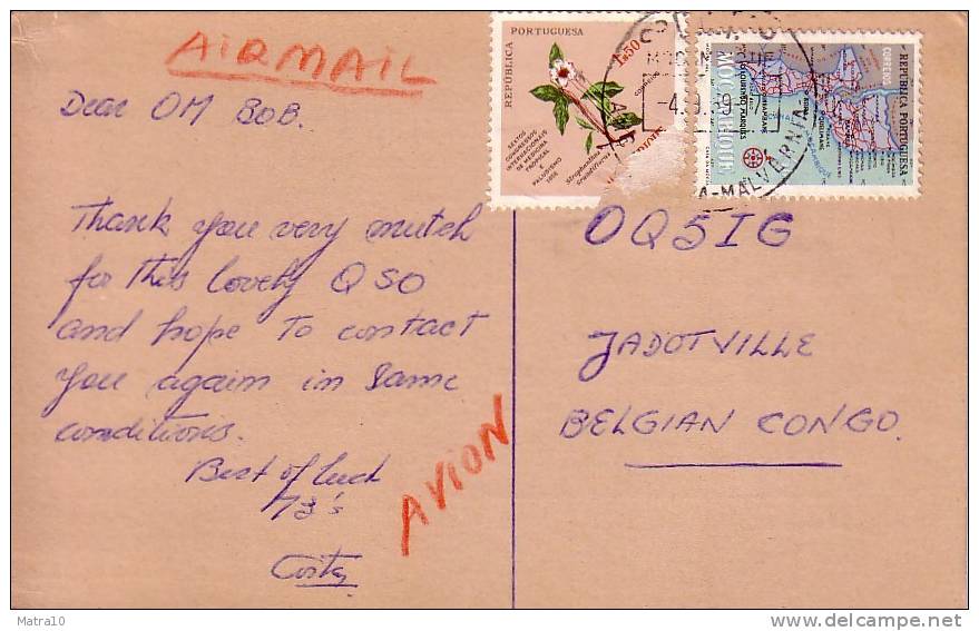 CARTE QSL CARD 1959 RADIOAMATEUR HAM RADIO CR-7 PORTUGAL COLONIE COLONY MOZAMBIQUE MALVERNIA STAMP BELGIAN CONGO BELGE - Mozambique