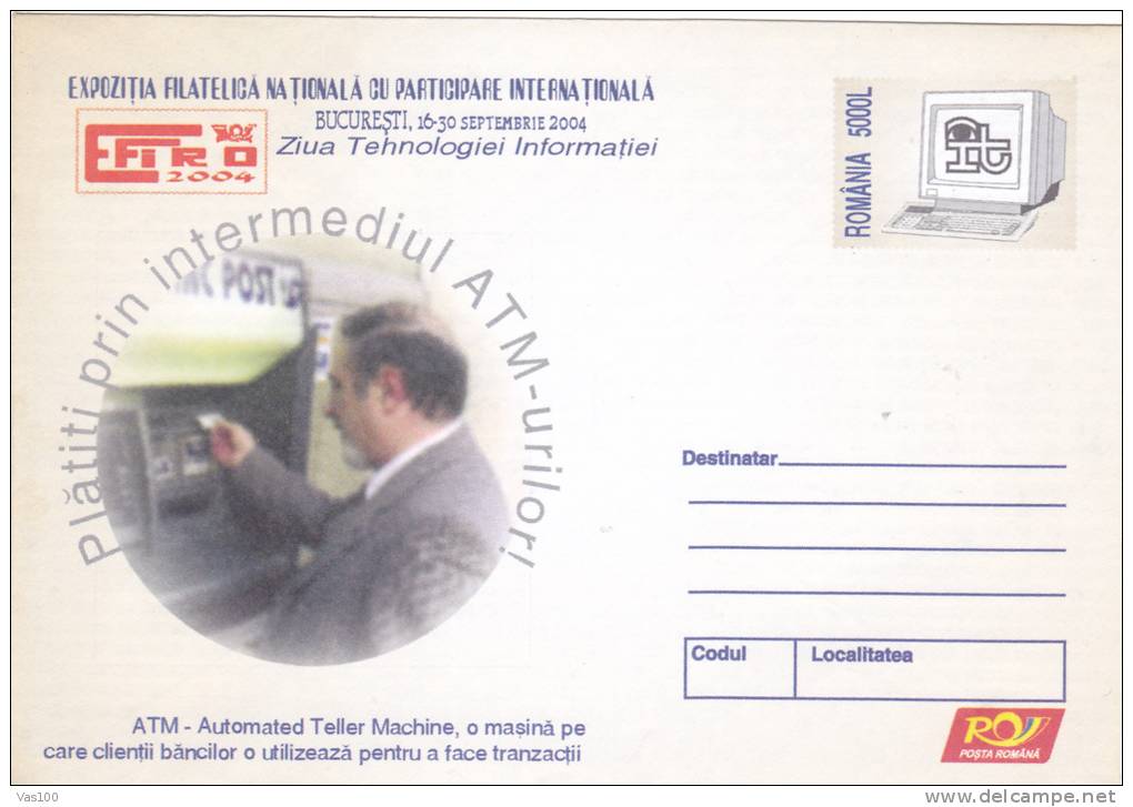 ATM - AUTOMATED TELLER MACHINE,2004 COVERS STATIONERY ENTIER POSTAL, UNUSED ROMANIA. - Informatique