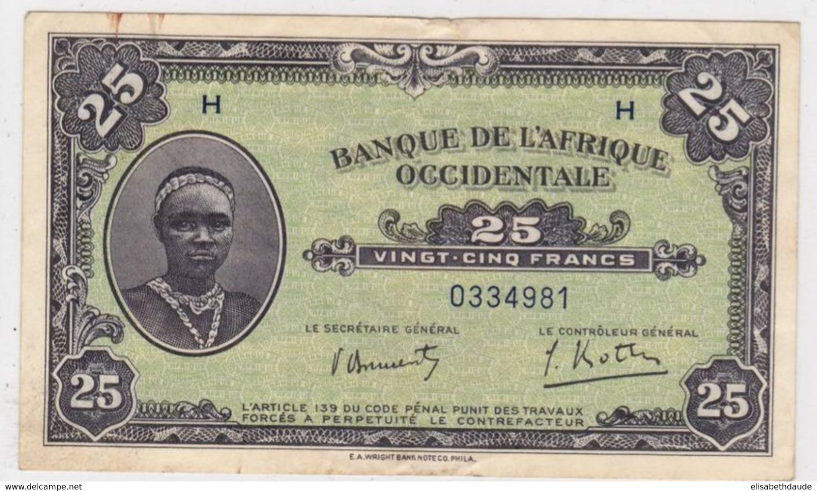 BANQUE DE L'AFRIQUE OCCIDENTALE FRANCAISE AOF - BILLETS De 25 FRANCS - 1942 - PLI + 2 INFIMES DEFAUTS EN BORDURE - Autres - Afrique