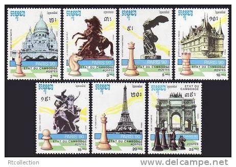 Cambodia 1990 PARIS '90 France Chess Pieces Architecture Buildings Tour Eiffel Tower Game Sports Stamps MNH Mi 1169-76 - Chess