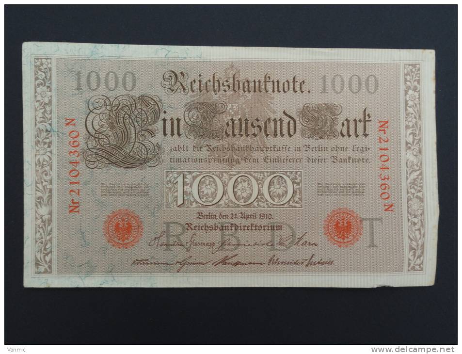 1910 A - Billet 1000 Mark - Allemagne - Série N : N° 2104360 N - (Banknote Deutschland Germany) - 1.000 Mark