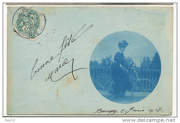 Baugy Carte Photo Tirage Amateur  Bleur 1907 Femme A Vélo Sur Un Pont - Baugy