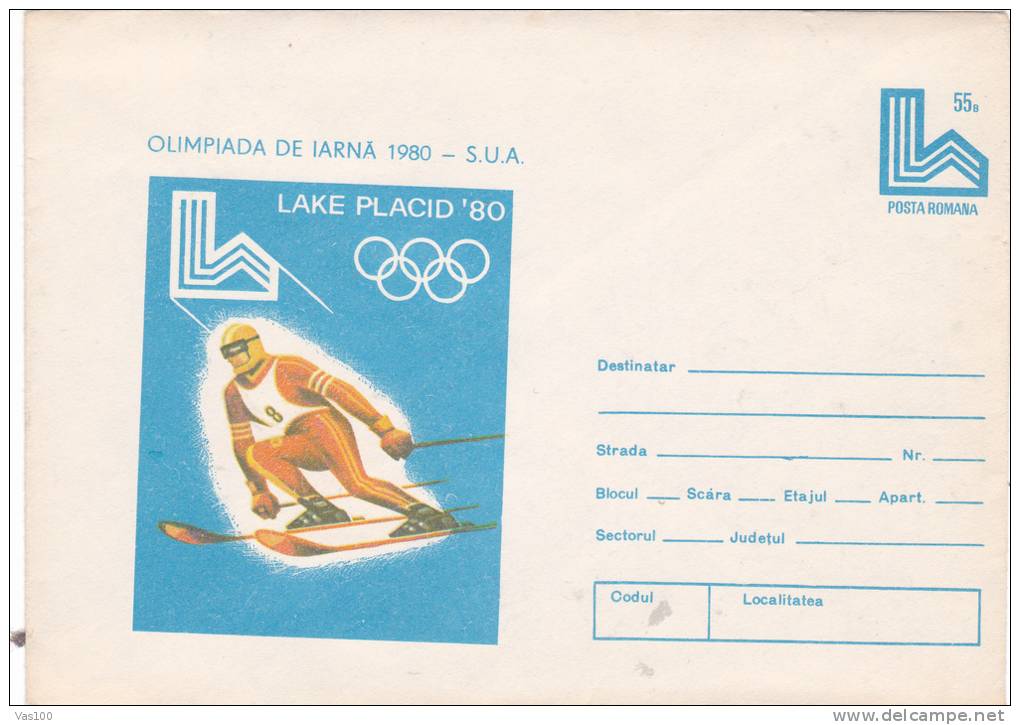 SKI ,LAKE PLACID 1980 OLYMPIC WINTER GAMES COVER STATIONERY,ENTIER POSTAL,UNUSED,ROMANIA.. - Hiver 1980: Lake Placid