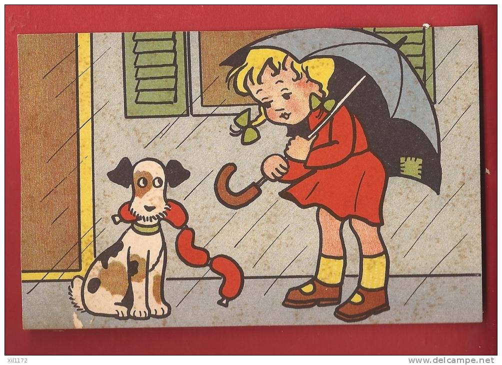 P0343 Humour, Jeune Chien Avec Jeune Fille,parapluie,saucisses.Circulé Sous Enveloppe. - Chiens