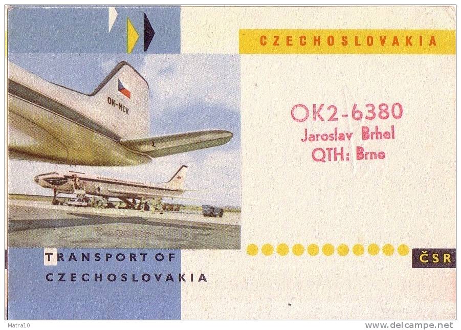 CARTE QSL CARD 1959 RADIOAMATEUR HAM RADIO OK-2 BRNO AVION PLANE AEREO PRAGUE PRAHA TCHECHOSLOVAQUIE CZECHOSLOVAKIA - 1946-....: Moderne