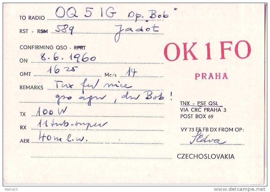 CARTE QSL CARD 1960 RADIOAMATEUR HAM OK-1 JEUX SPARTAKIADE PRAGUE PRAHA TCHECHOSLOVAQUIE CZECHOSLOVAKIA - Athlétisme